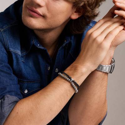 Black Leather & Steel Double-Strand Bracelet, Adjustable Length 21.50 cm - Fossil