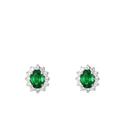 750 White Gold Diamond & Emerald Stud Earrings - Diamond Lady