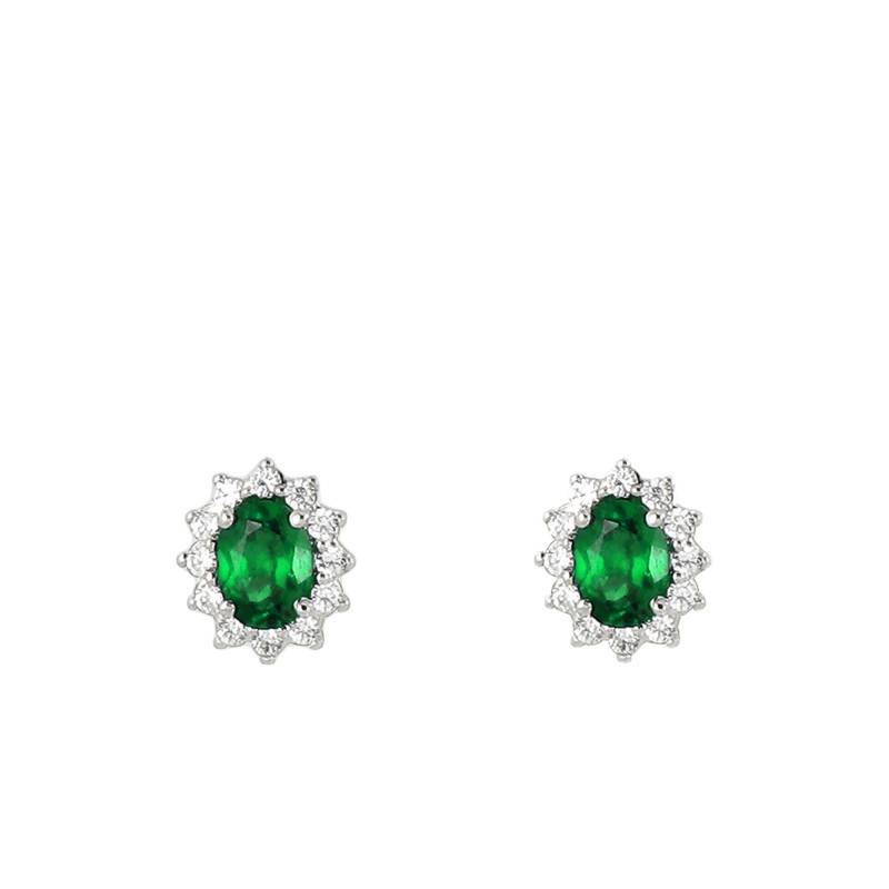 750 White Gold Diamond & Emerald Stud Earrings - Diamond Lady