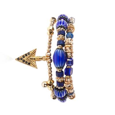 Manchette Vadorada Multi-liens Dorée, Perles Bleues & Strass, Longueur 15,50 à 18,50 cm - Hipanema