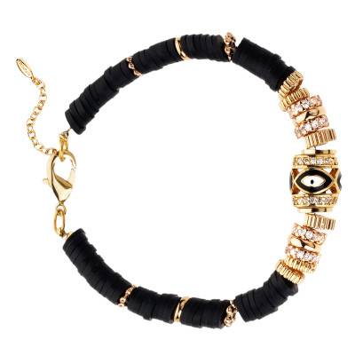 Bracelet Bangalor Doré Perles Noires & Strass Blancs, Longueur 15,50 à 18,50 cm - Hipanema