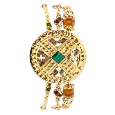 Hezou Multi-Strand Gold & Multicolor Beads and Stones Cuff Bracelet, Length 16 cm to 18 cm - Hipanema