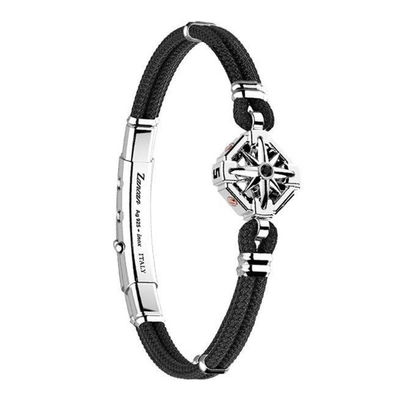 925 Silver, 750 Rose Gold & Kevlar Black Spinel Regata Compass Rose Bracelet, 19 cm Length - EXB863 - Zancan
