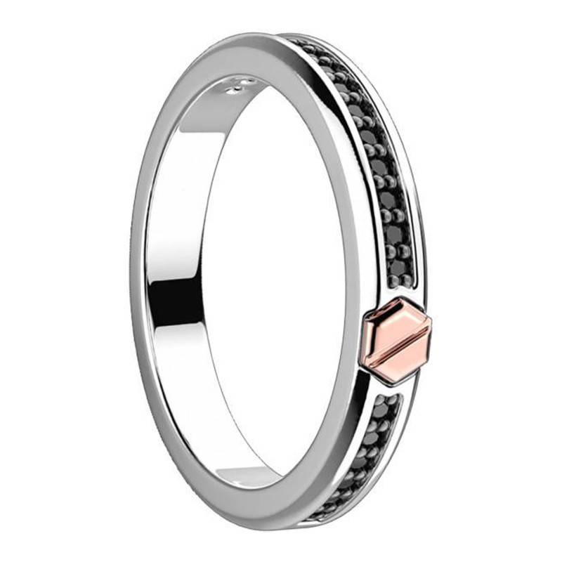Insignia 925/1000 Silver & Black Spinels Ring with 18K Rose Gold Screw EXA118 - Zancan