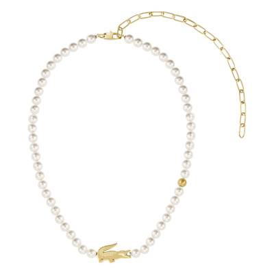 Collier Matchpoint en Acier Doré & Perles Blanches - 2040429, Longueur 50 cm Ajustable - Lacoste