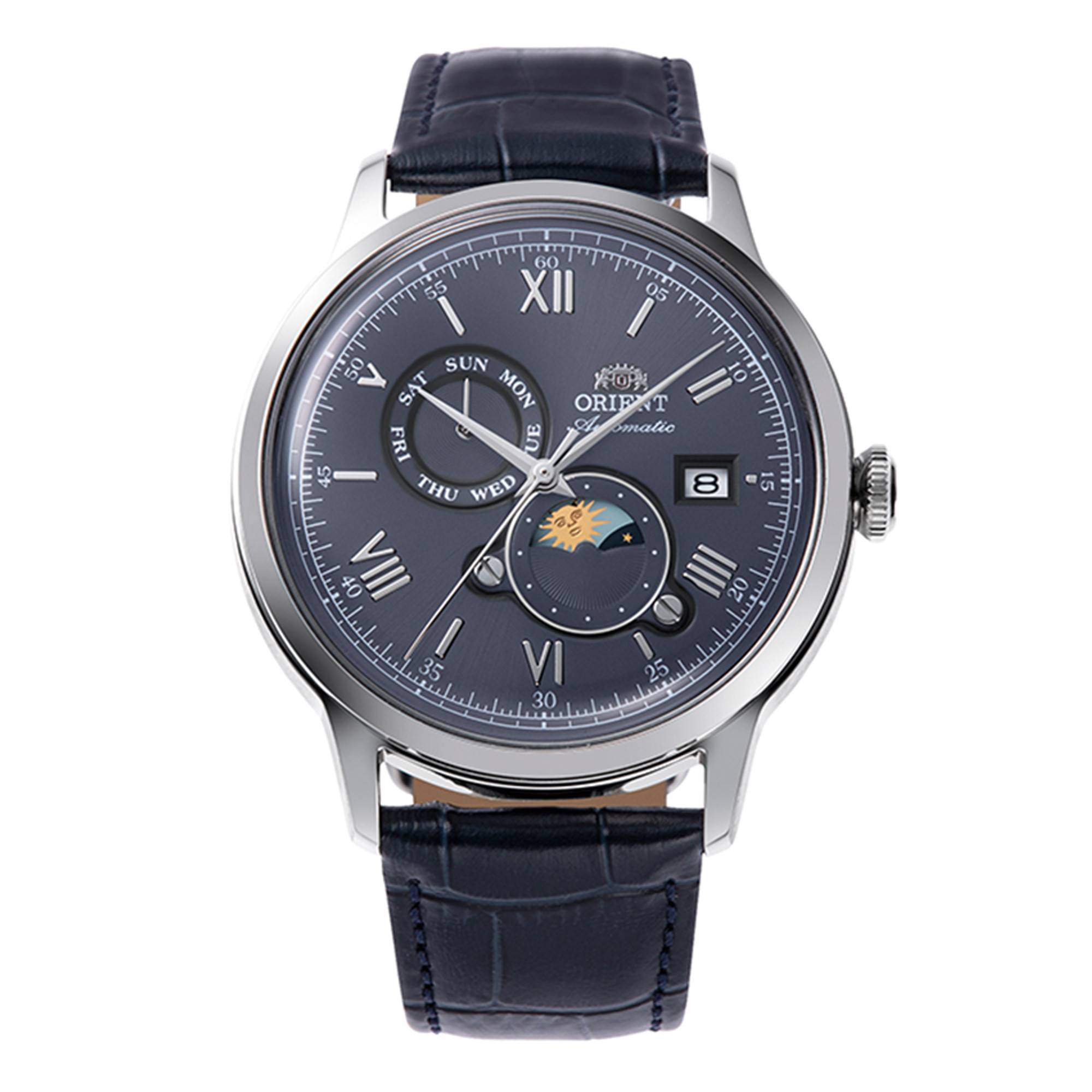 Orient Bambino Sun and Moon navy full front showing three indications