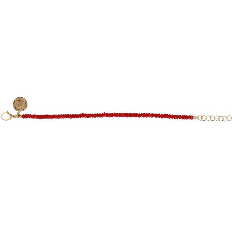 Yellow Gold-Plated & Red Coral Bracelet, Adjustable Length 18 cm, Width 3 mm - Etrusca Gioielli