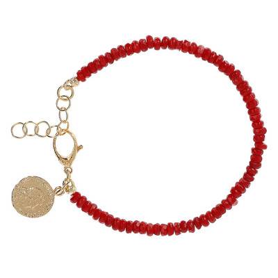 Yellow Gold-Plated & Red Coral Bracelet, Adjustable Length 18 cm, Width 3 mm - Etrusca Gioielli