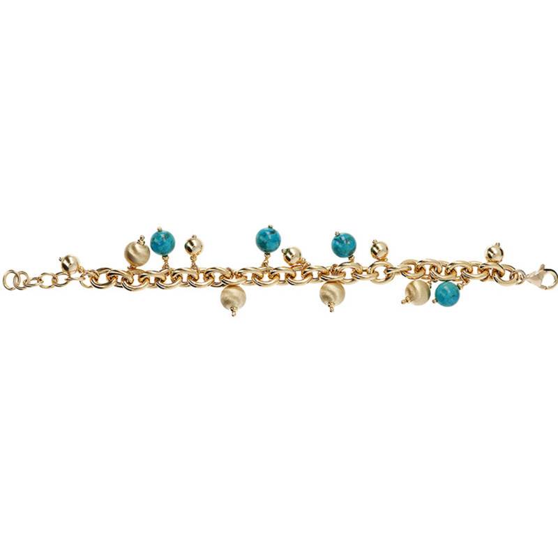 18K Yellow Gold-Plated Satin & Turquoise Stone Bracelet, Adjustable Length 19 cm - Etrusca Gioielli