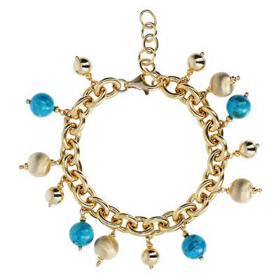 18K Yellow Gold-Plated Satin & Turquoise Stone Bracelet, Adjustable Length 19 cm - Etrusca Gioielli