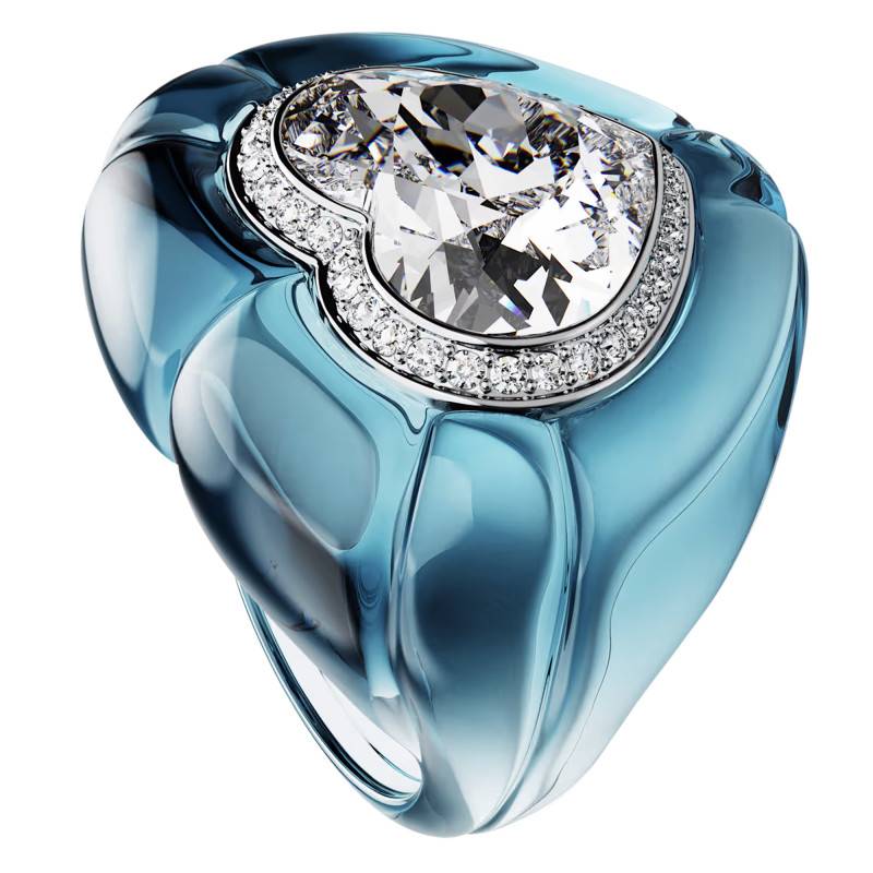 Rhodium-Plated Metal & White Crystals and Blue Resin Dulcis Heart Cocktail Ring - 5709965 - Swarovski