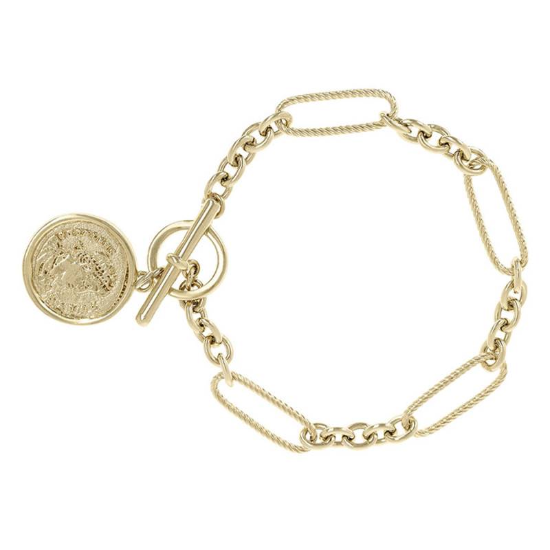 18K Yellow Gold-Plated Coin T-Bar Bracelet, 20,30 cm Length - Etrusca Gioielli