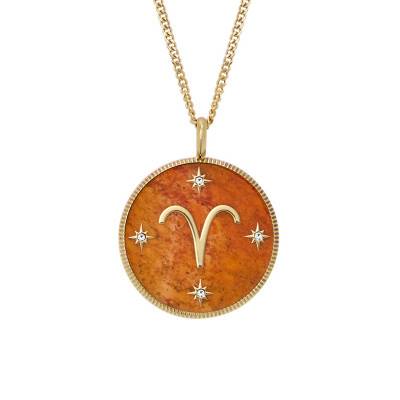 Aries Zodiac Necklace Written in the Stars in Gold-Toned Steel & White Stones and Carnelian, Length 46 cm to 51 cm - Fossil