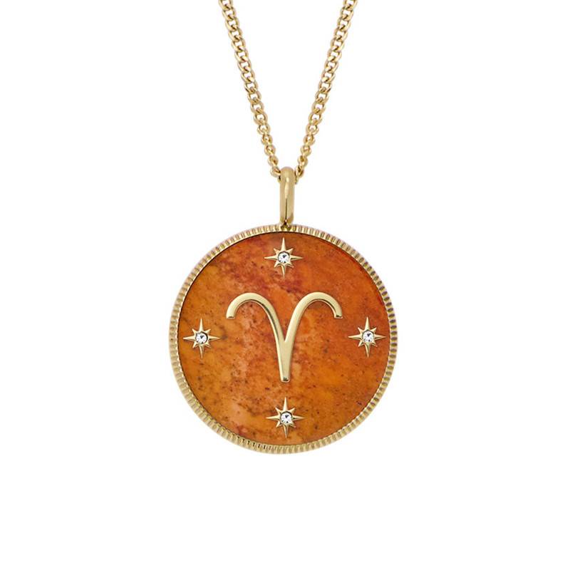 Aries Zodiac Necklace Written in the Stars in Gold-Toned Steel & White Stones and Carnelian, Length 46 cm to 51 cm - Fossil