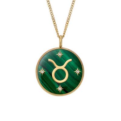 Collier Zodiaque Taureau Written in the Stars en Acier Doré, Malachite & Pierres Blanches, Longueur 46 à 51 cm - Fossil
