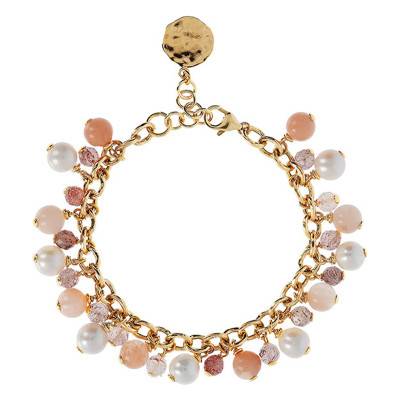 18K Yellow Gold-Plated Bracelet with Aventurine, Red Quartz & White Stones, 19 cm to 21,5 cm Length - Etrusca Gioielli