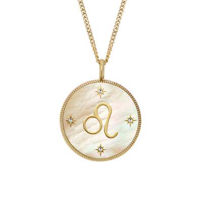 Leo Zodiac Necklace Written in the Stars in Gold-Toned Steel & White Stones and Mother of Pearl, Length 46 cm to 51 cm - Fossil