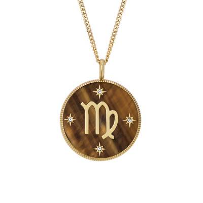 Written in the Stars Virgo Zodiac Necklace in Gold-Tone Steel & White Stones and Tiger's Eye, Length 46 cm to 51 cm - Fossil