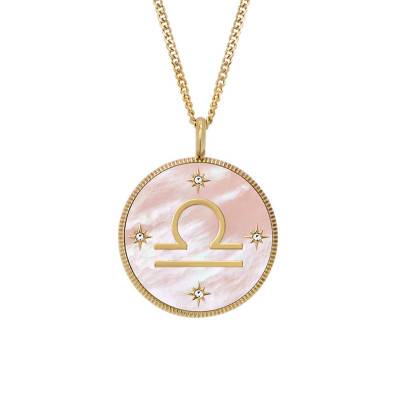 Collier Zodiaque Balance Written in the Stars en Acier Doré, Nacre Rose & Pierres Blanches, Longueur 46 à 51 cm - Fossil