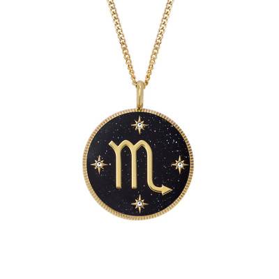 Scorpio Zodiac Necklace Written in the Stars in Gold-Toned Steel & White Stones and Black Sandstone, Length 46 cm to 51 cm - Fossil
