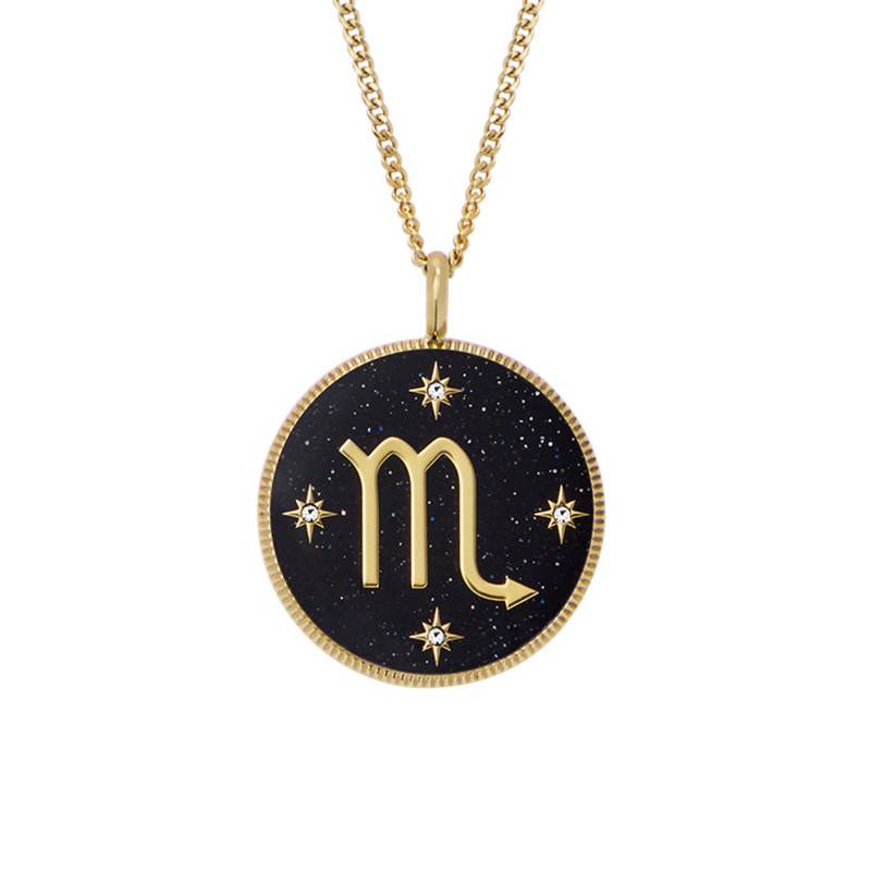 Scorpio Zodiac Necklace Written in the Stars in Gold-Toned Steel & White Stones and Black Sandstone, Length 46 cm to 51 cm - Fossil