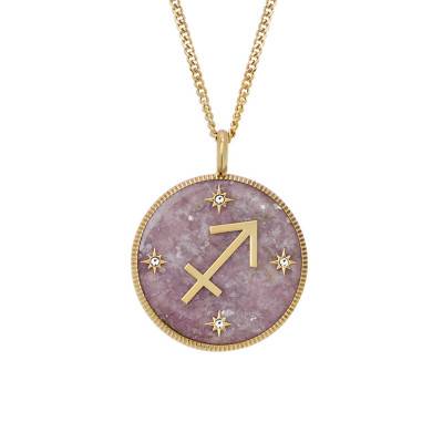 Sagittarius Zodiac Necklace Written in the Stars in Gold-Toned Steel & White Stones and Amethyst, Length 46 cm to 51 cm - Fossil