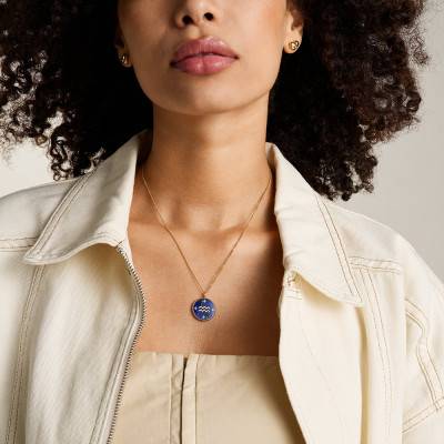 Aquarius Zodiac Necklace Written in the Stars in Gold-Toned Steel & White Stones and Lapis Lazuli, Length 46 cm to 51 cm - Fossil