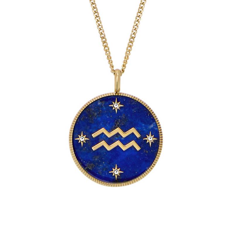 Aquarius Zodiac Necklace Written in the Stars in Gold-Toned Steel & White Stones and Lapis Lazuli, Length 46 cm to 51 cm - Fossil