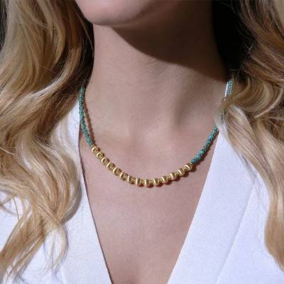 Collier or plaqué pierres turquoises, Longueur 45 à 50 cm - Etrusca Gioielli