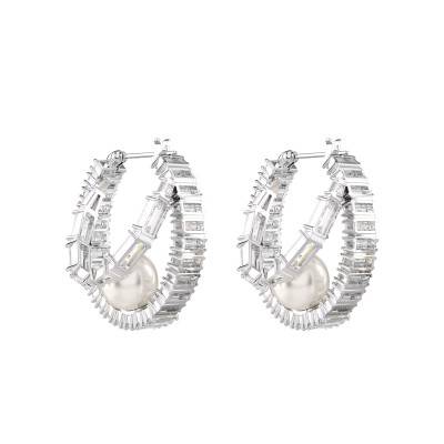 Ariana Grande x Swarovski Rhodium-Plated Metal & White Crystals and Pearls Hoop Earrings - 5720868 - Swarovski
