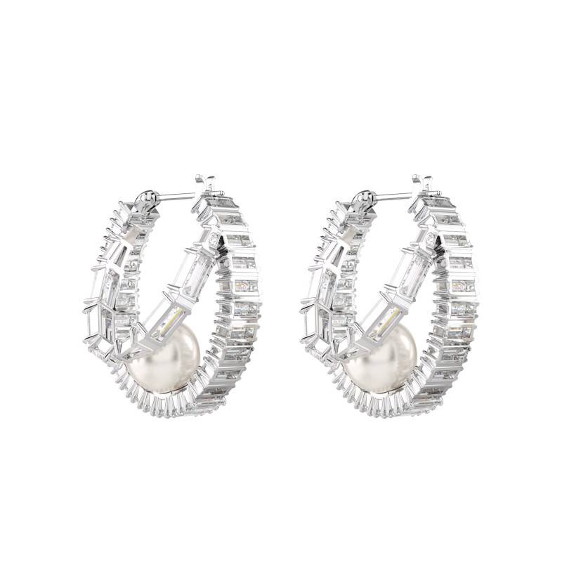 Ariana Grande x Swarovski Rhodium-Plated Metal & White Crystals and Pearls Hoop Earrings - 5720868 - Swarovski