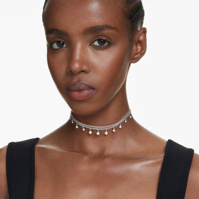 Ariana Grande x Swarovski Rhodium-Plated Metal & White Crystals and Pearls Choker Necklace, Length 30 cm to 42 cm - 5720865 - Swarovski