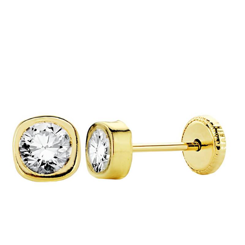 750 Yellow Gold & White Cubic Zirconia Round Stud Earrings - Emanessence