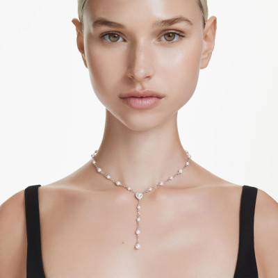 Ariana Grande x Swarovski Rhodium-Plated Metal White Crystal & Pearl Y-Necklace, Length 38 cm to 48 cm - 5720855 - Swarovski