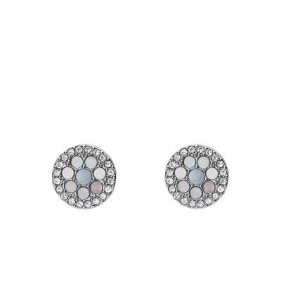Puces d'oreilles Rondes Val Mosaic, Nacres Bleues et Zirconiums en Acier - Fossil
