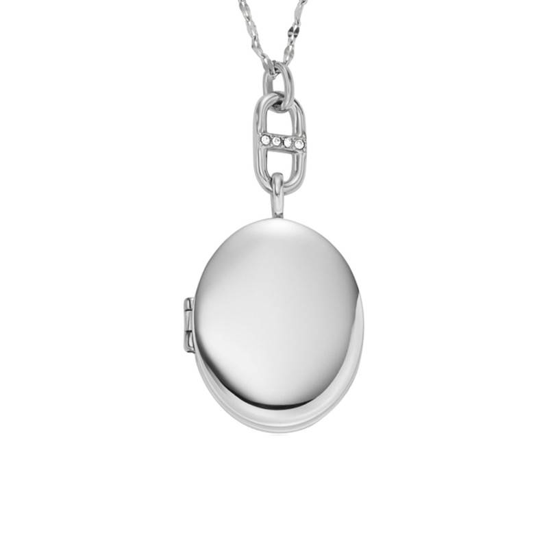 Stainless Steel & Crystal Oval Photo Necklace, Length 40 cm to 45 cm - Fossil