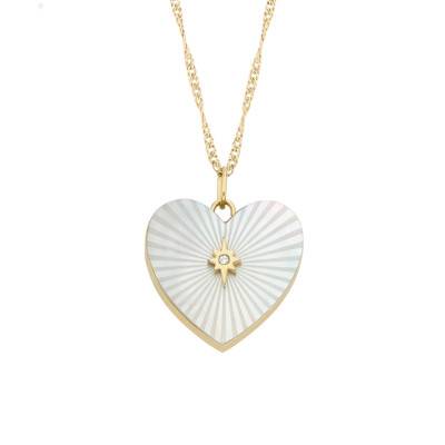 Collier Médaillon Photo Coeur Etoilé Soleillé en Acier Doré & Pierre et Nacre Blanche, Lngueur de 40 à 45 cm - Fossil