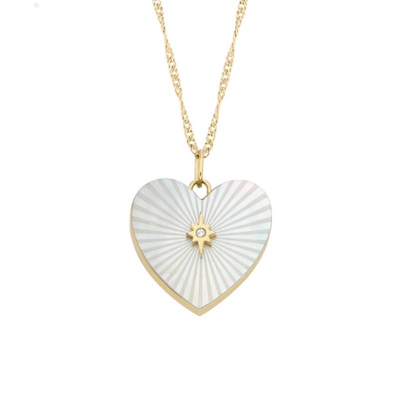 Gold Steel White Mother-of-Pearl & Crystal Star Heart Photo Locket Necklace, Length 40 cm to 45 cm - Fossil