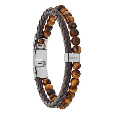 Brown Leather Tiger's Eye Bracelet, Adjustable Length 18 cm to 19.5 cm - Fossil
