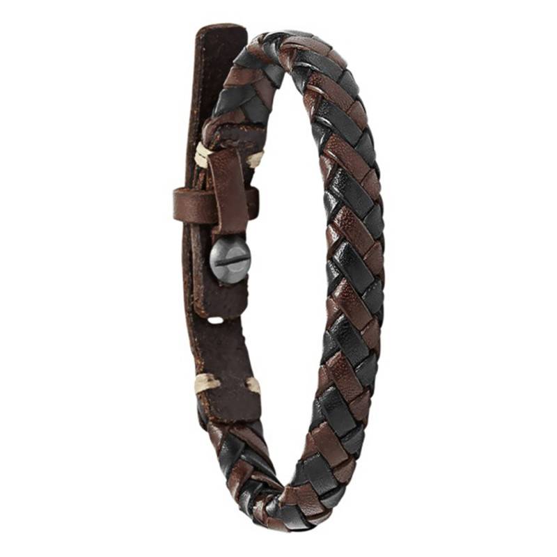 Brown Braided Leather Bracelet, Adjustable Length 25 cm -JA5932716 - Fossil