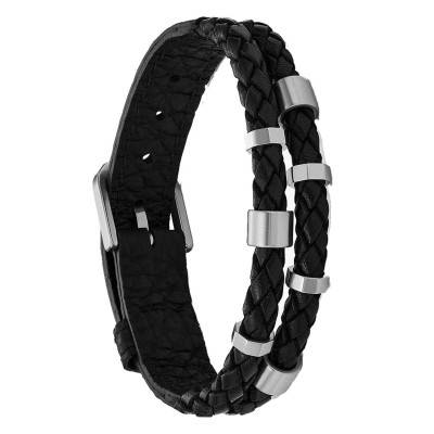 Bracelet Double Brin en Cuir Tressé & Acier, Longueur 25,60 cm - Fossil