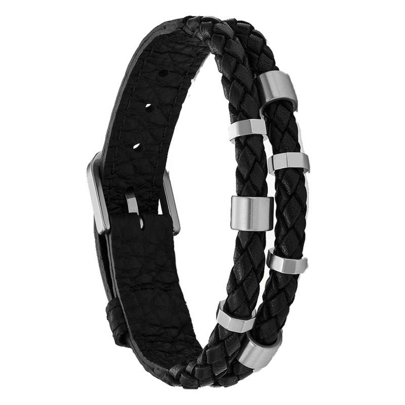 Double-Strand Braided Leather & Steel Bracelet, 25,60 cm - Fossil