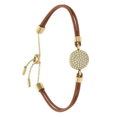 Bracelet Sadie en Acier Doré, Cuir & Cristaux Blancs, Longueur 21 cm - Fossil