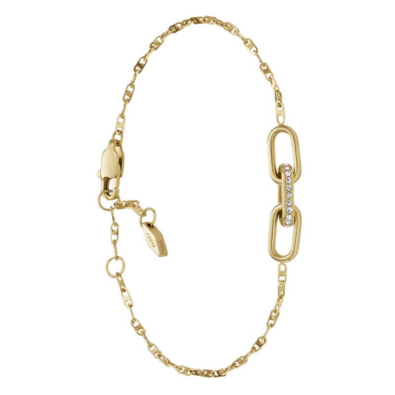 Gold-Tone Stainless Steel & White Crystal D-Link Heritage Bracelet, 19 cm - Fossil