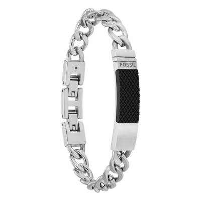 Stainless Steel Curb Chain Bracelet with Textured Plate, Length 20.5 cm, Width 4.20 cm - Fossil