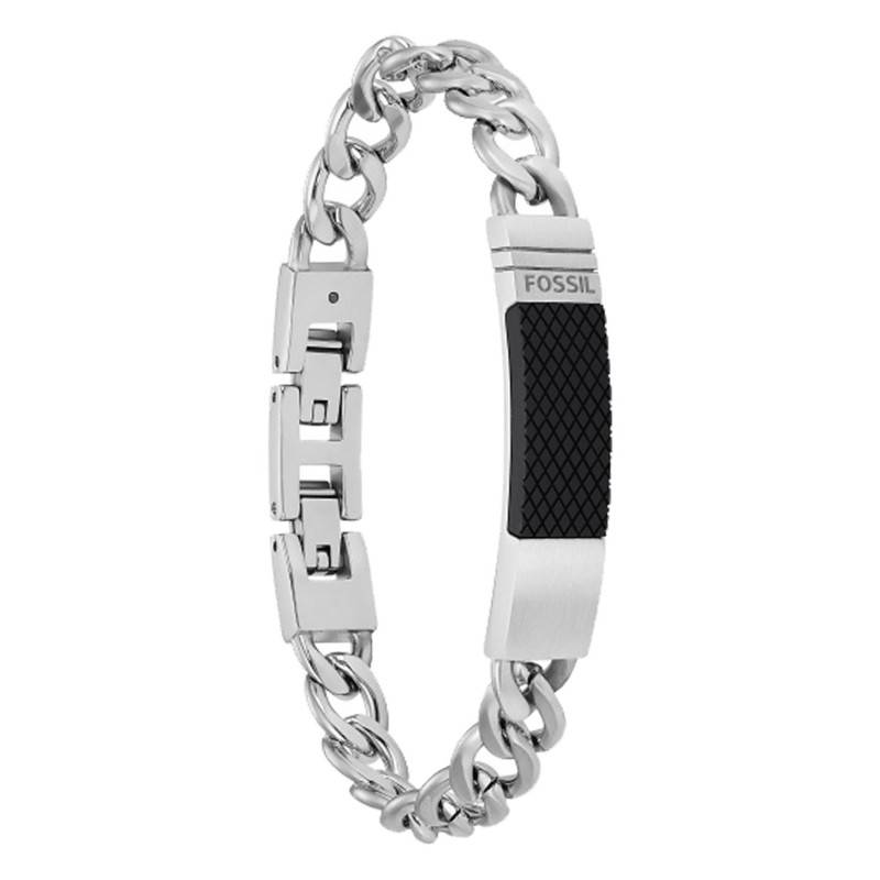 Stainless Steel Curb Chain Bracelet with Textured Plate, Length 20.5 cm, Width 4.20 cm - Fossil
