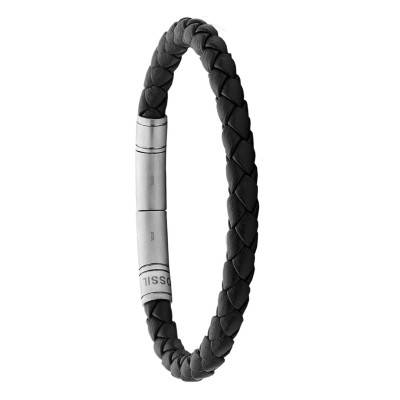 Fossil Vintage Casual Dark Brown Braided Leather & Steel Bracelet, 22 cm - Fossil