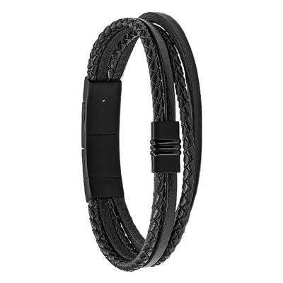 Black Leather Multi-Strand Bracelet, Adjustable Length 17,50 cm to 19,50 cm - Fossil
