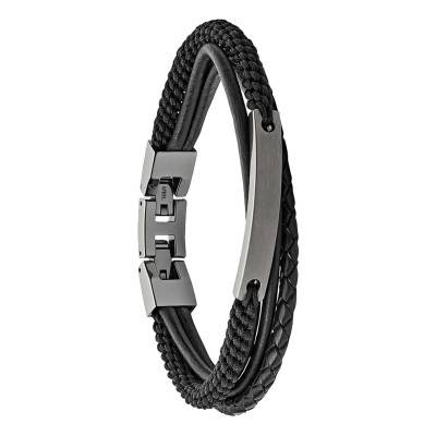 Bracelet Multi-brins Cuir Noir JF03185793, Longueur 19,5 cm - Fossil