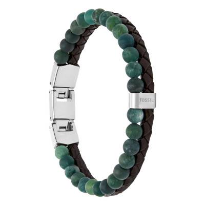 Bracelet Double Rang en Cuir Marron, Acier & Perles Bicolores, Longueur 21,50 cm Ajustable - Fossil